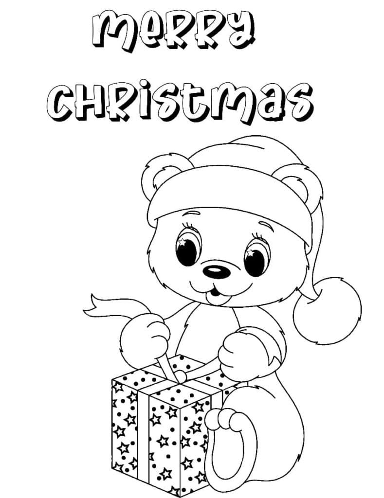 Merry christmas with teddy bear coloring page