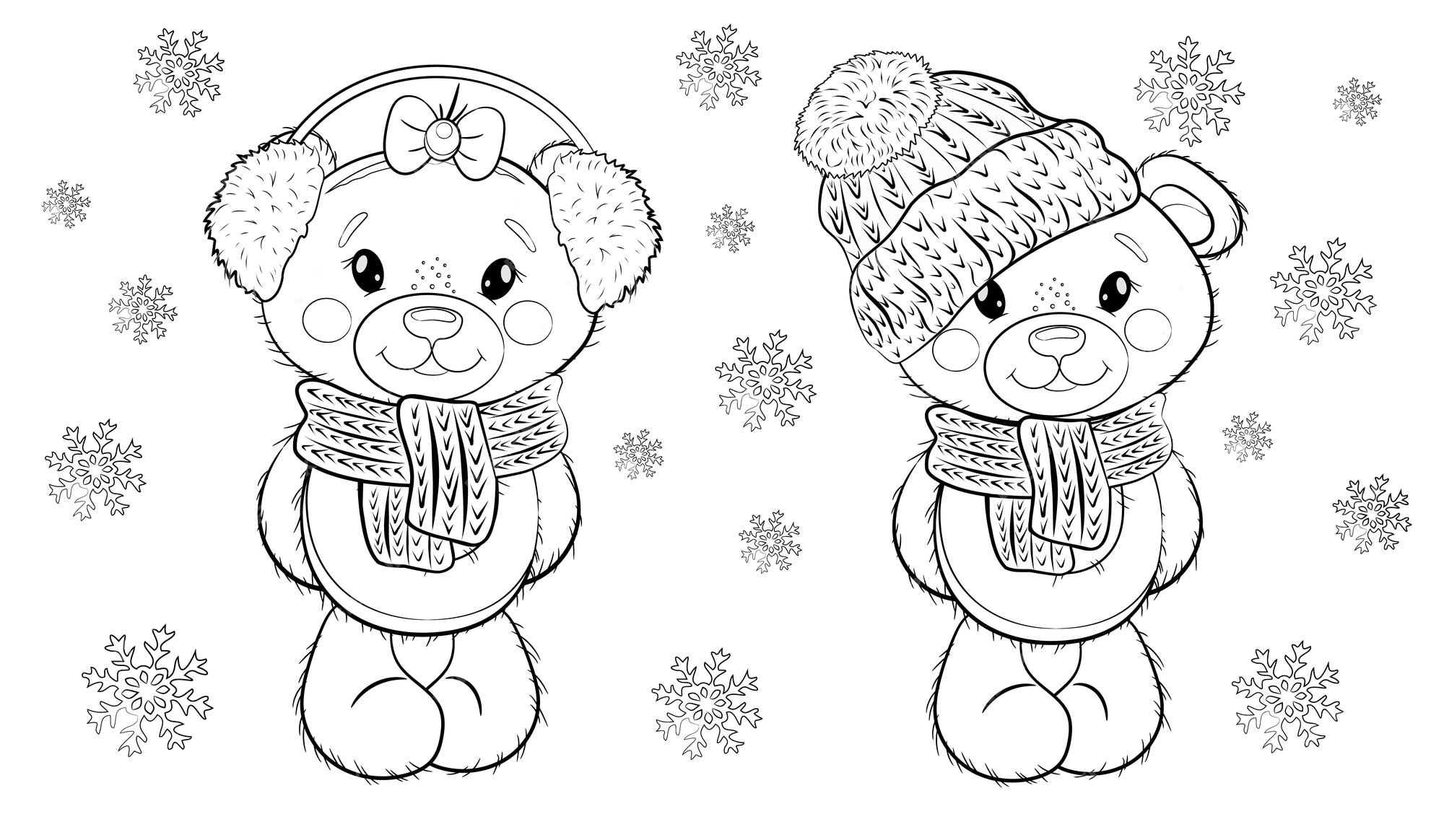 Premium vector christmas coloring page cute cartoon teddy bear dolls in a hat fur headphones and scarfs