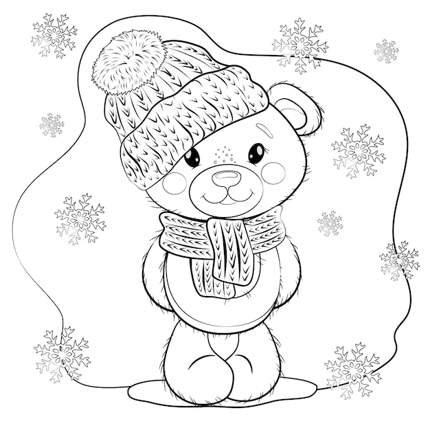 Premium vector christmas coloring page cute cartoon teddy bear doll in a hat and a scarf on a white background