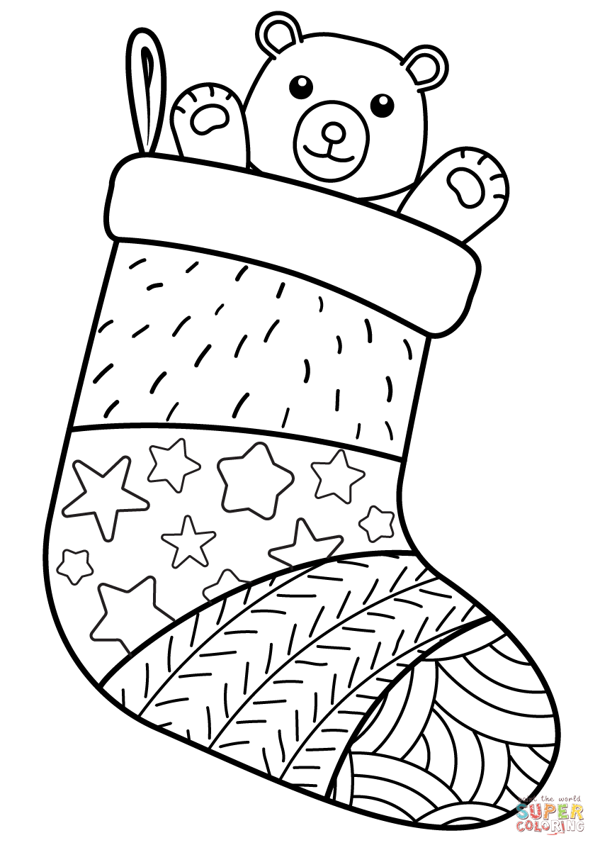 Christmas sock with teddy bear coloring page free printable coloring pages