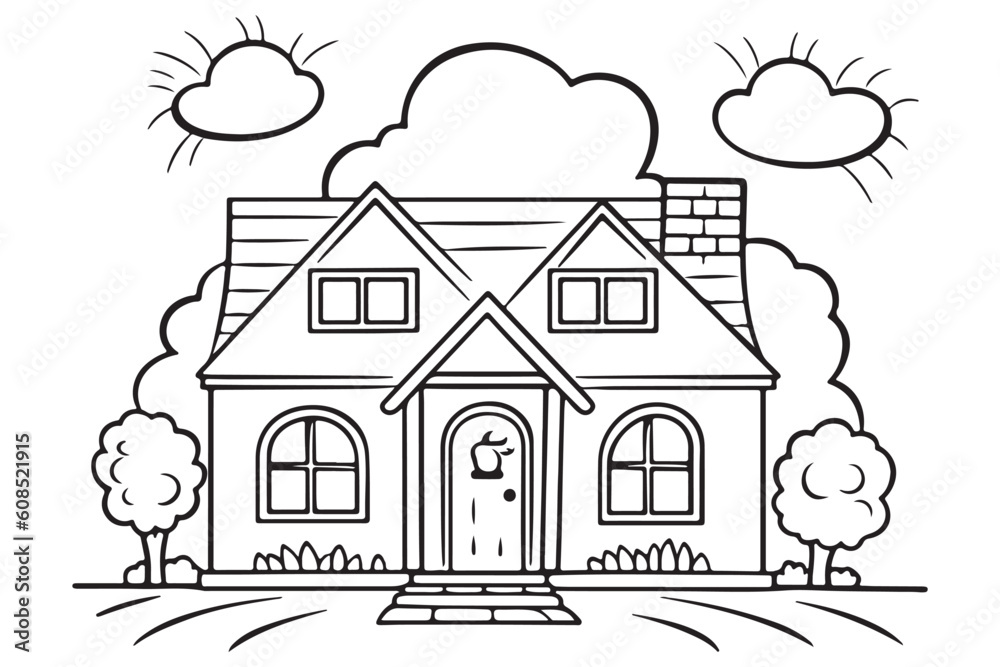 Kids coloring pages vector art cute home on rainbow black and white vector illustration for coloring book vector