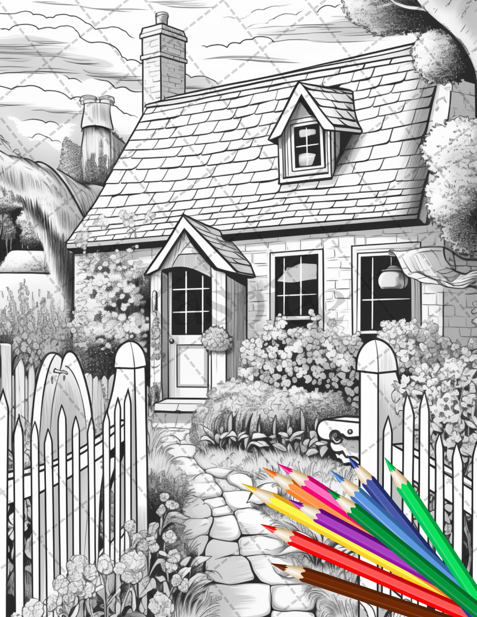 Printable cottage house garden coloring pages for adults grayscale â coloring