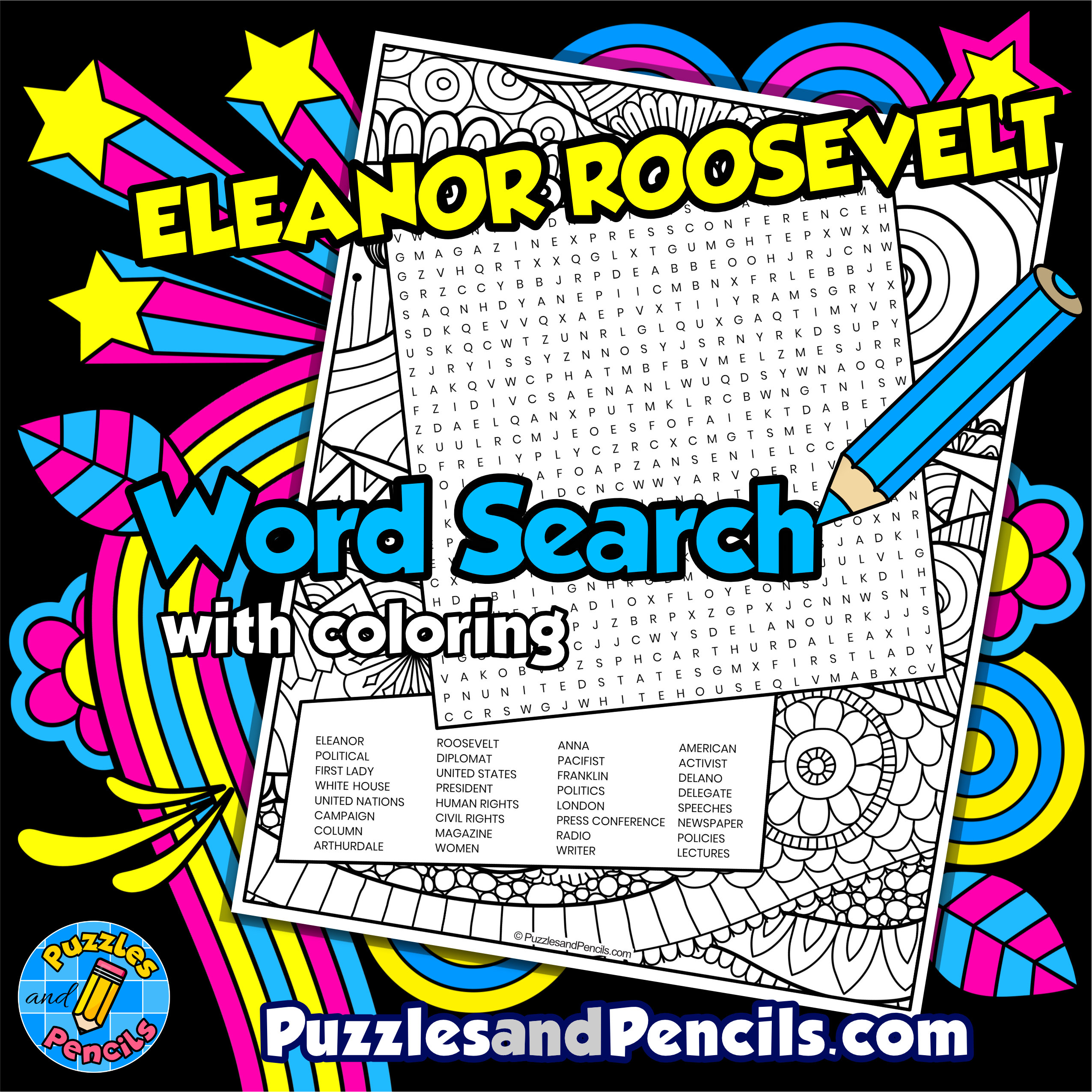 Eleanor roosevelt word search puzzle activity page with coloring womens history month wordsearch made by teachers