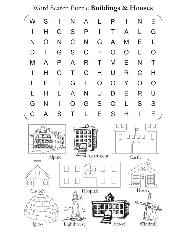 Word search puzzle houses and buildings download free word search puzzle houses and buildings for kids best coloring pages