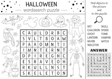 Premium vector vector halloween black and white wordsearch puzzle for kids simple crossword or coloring page with haunted house and scary things keyword activity with funny witch vampire ghost batxa