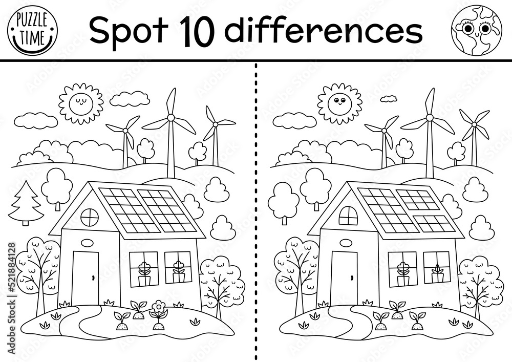 Find differences game ecological black and white educational activity with cute eco house wind turbines earth day line puzzle for kids eco awareness or zero waste printable coloring page