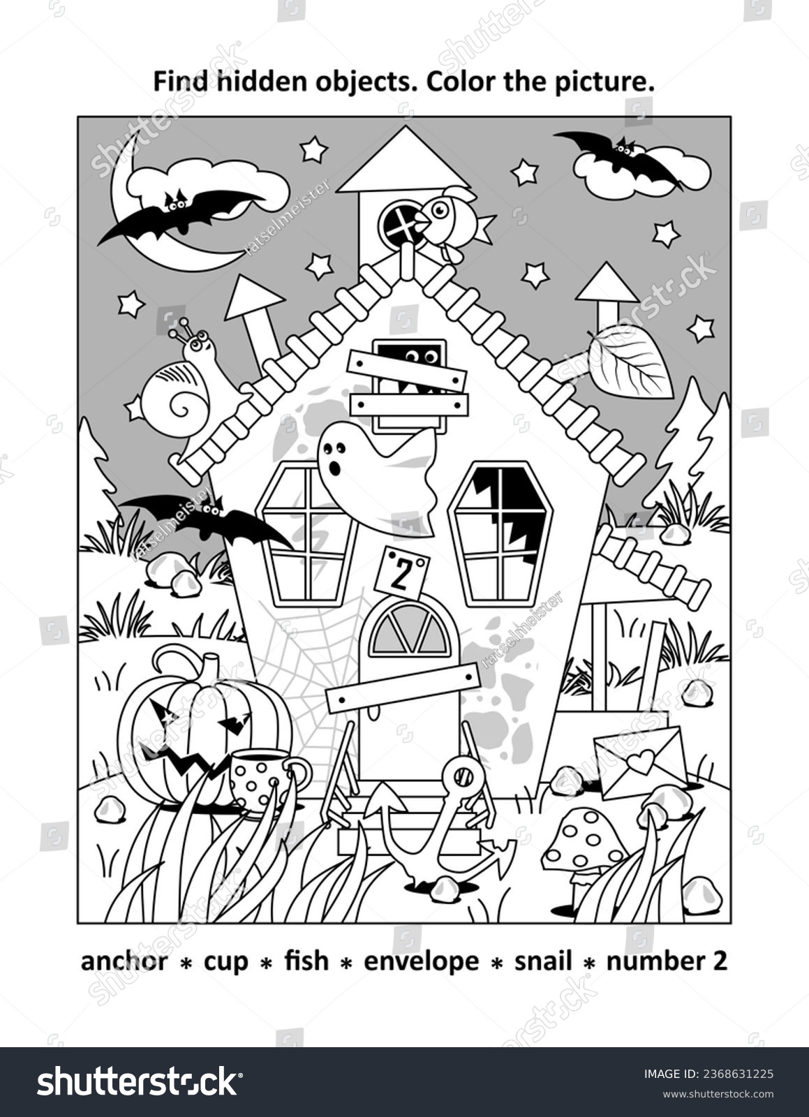 Find hidden objects picture puzzle coloring stock illustration