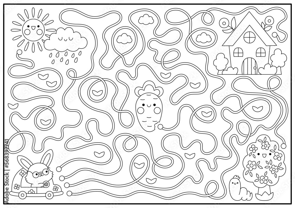 Easter black and white maze for kids spring holiday preschool printable activity with kawaii car with bunny country house garden labyrinth game puzzle or coloring page with cute characters vector