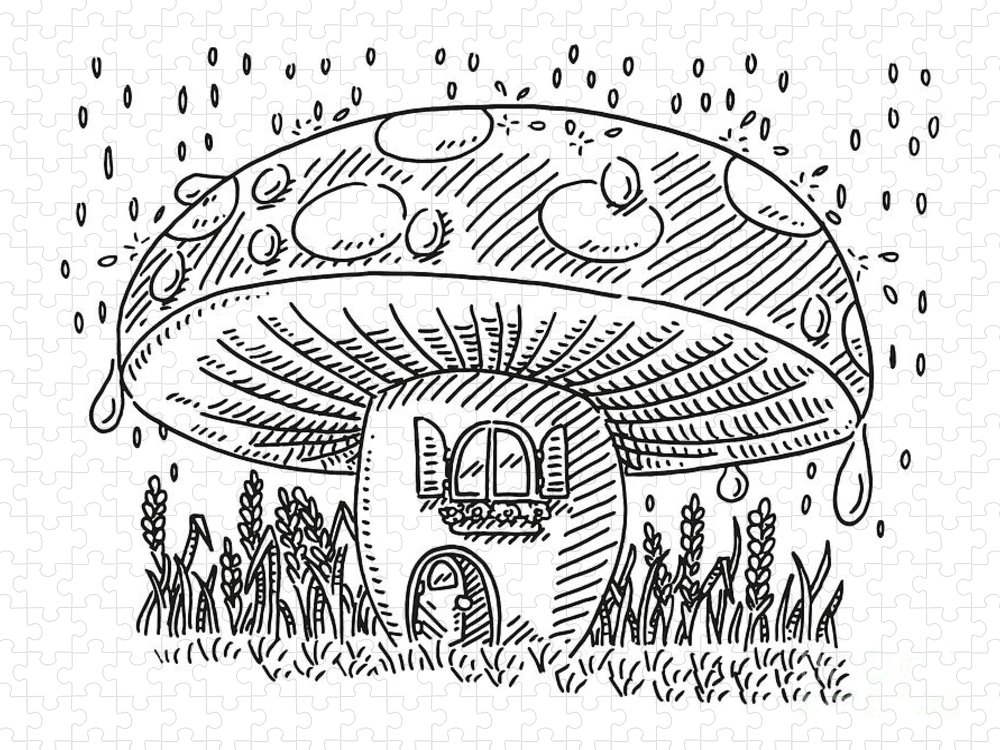 Mushroom house on rainy day drawing jigsaw puzzle by frank ramspott