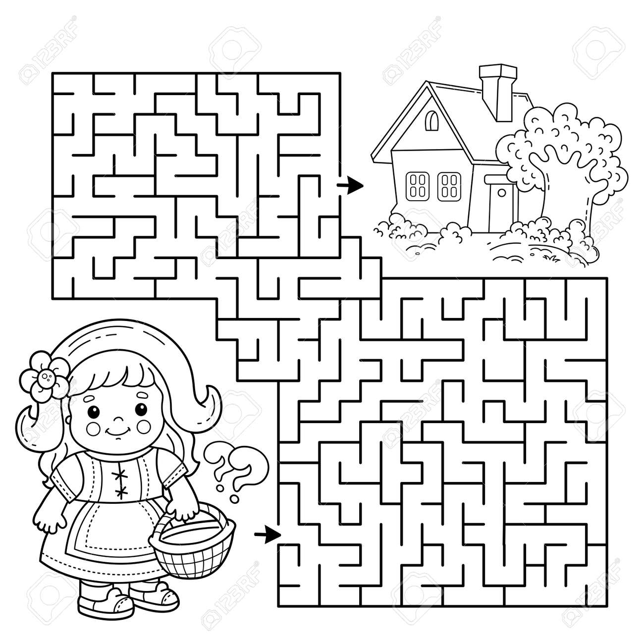 Maze or labyrinth game puzzle coloring page outline of cartoon cute girl with basket walking home along the path little red riding hood fairy tale coloring book for kids royalty free svg