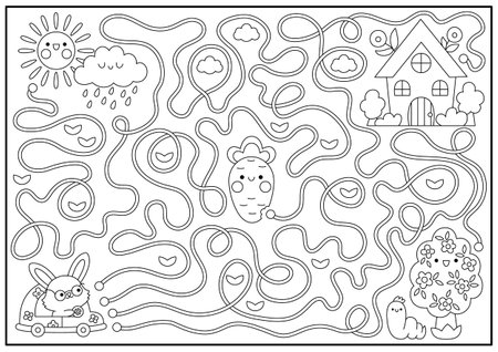 Easter black and white maze for kids spring holiday preschool printable activity with kawaii car with bunny country house garden labyrinth game puzzle or coloring page with cute characters