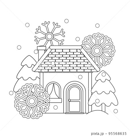 Cute kids winter coloring page with house