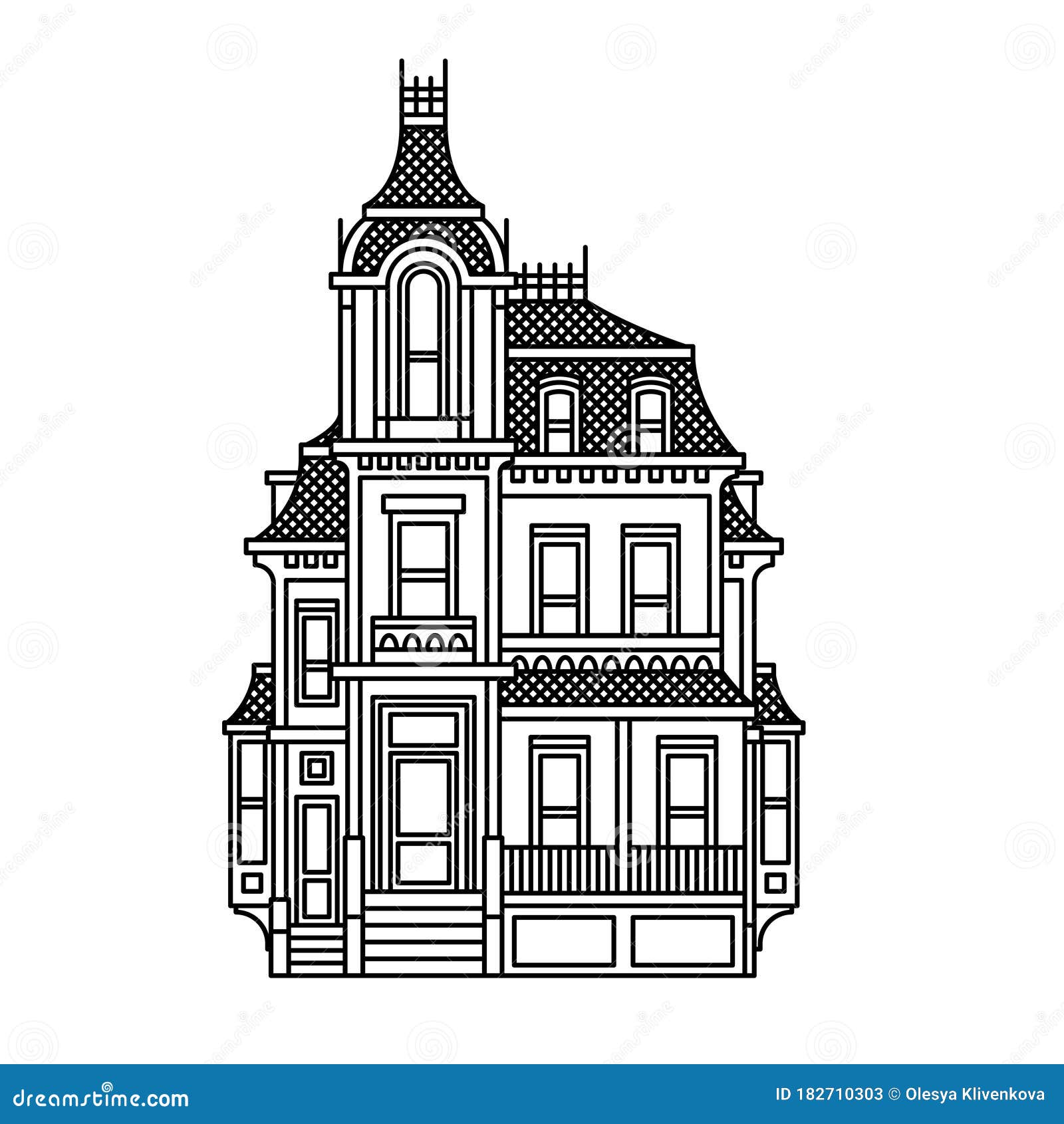 Beautiful victorian house simple black and white vector drawing stock vector