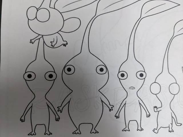 My mom printed out some pikmin colouring pages for me to do and im losing my mind with this bald purple pikmin ðalso wheres the reds nose rpikmin
