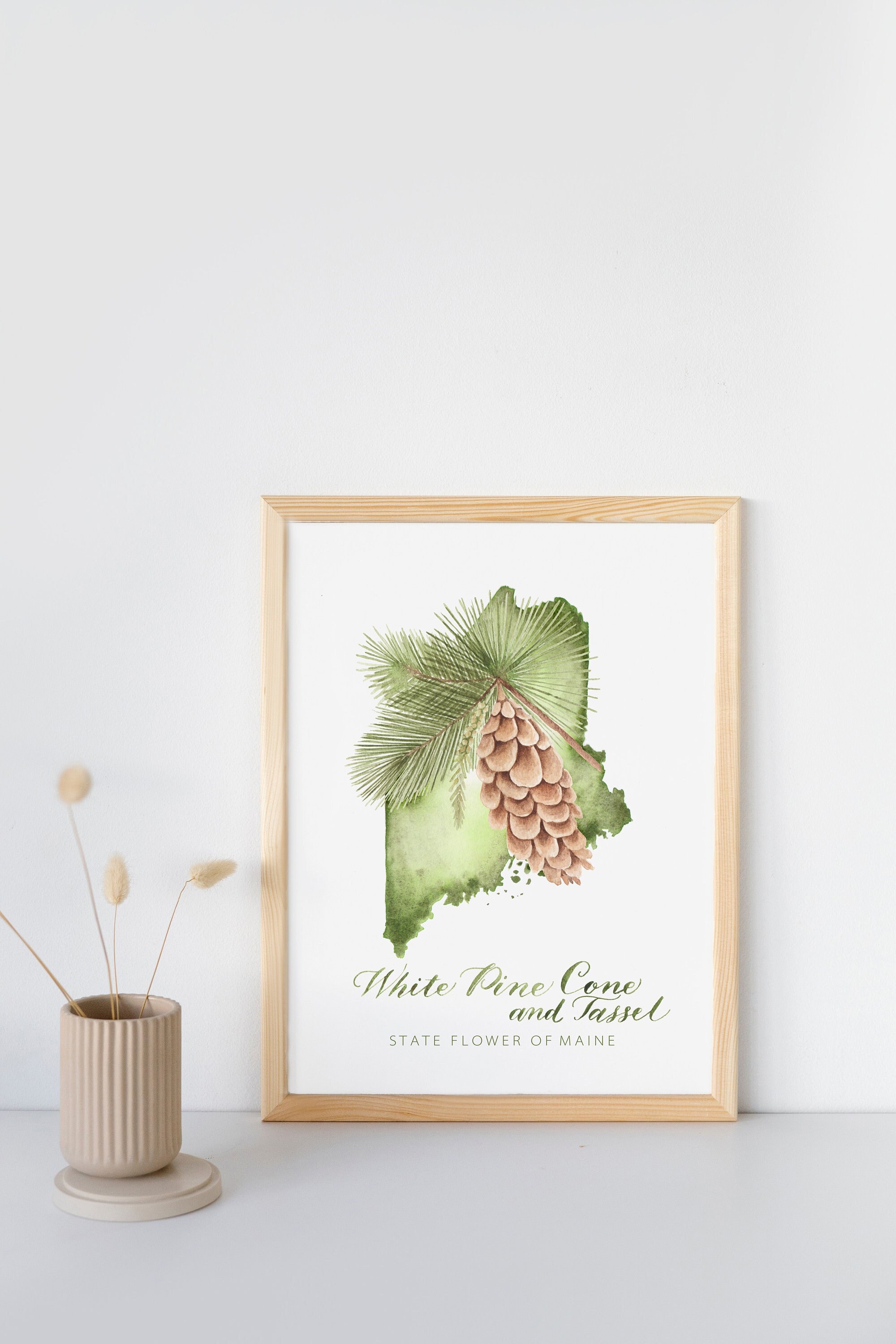 Maine state flower and shape print white pine cone and tassel fine art watercolor print