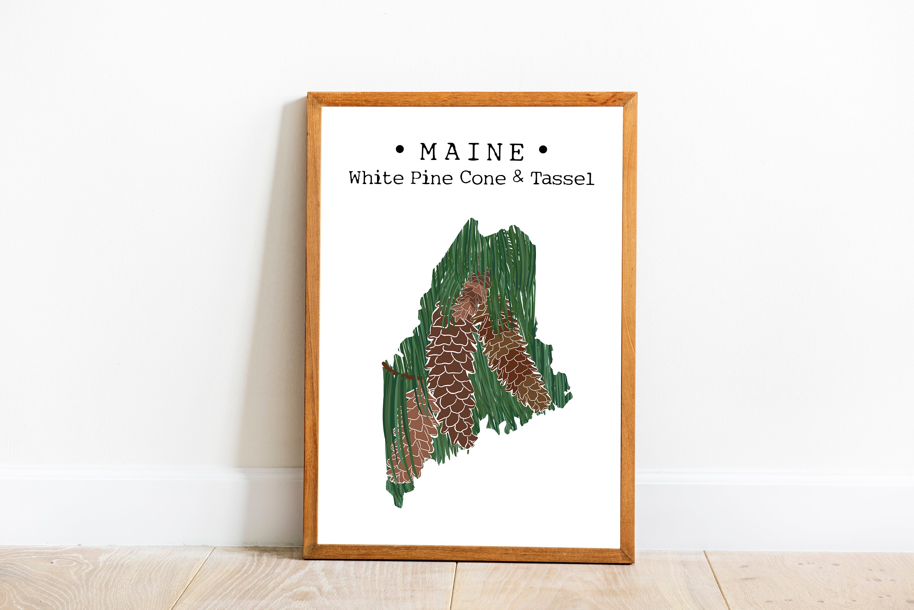 Maine state flower wall art white pine cone and tassel print maine map art us state flower wall art maine wall decor downloadable art