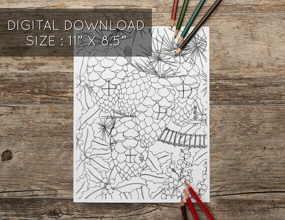 Pinecone fairy garden coloring page pine cone coloring page winter coloring page creative coloring pages instant download coloring pages