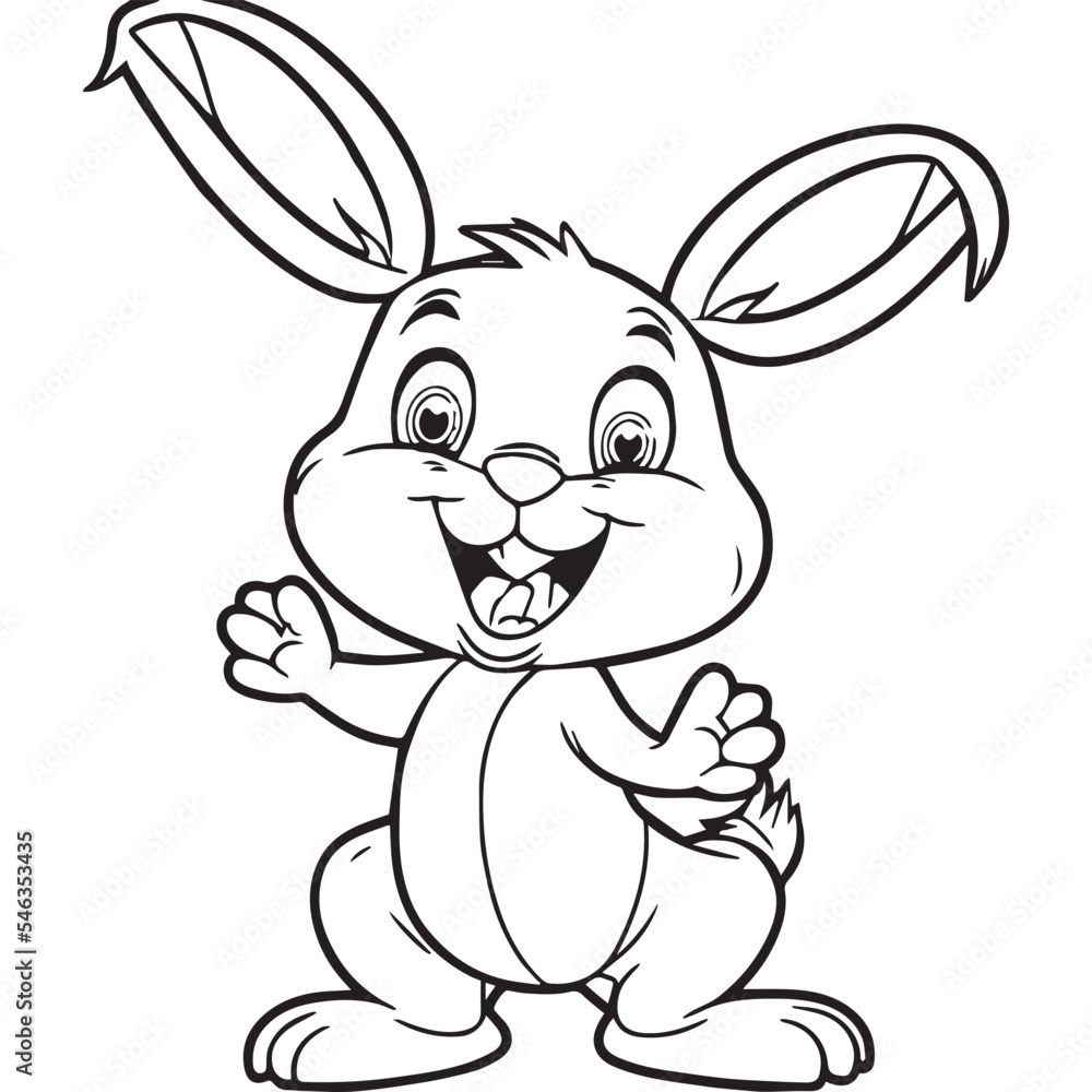 Happy rabbit playing outside coloring book for children cartoon outline illustration black and white vector drawing happy wild animal in nature fun isolated coloring page ic easter sketch vector