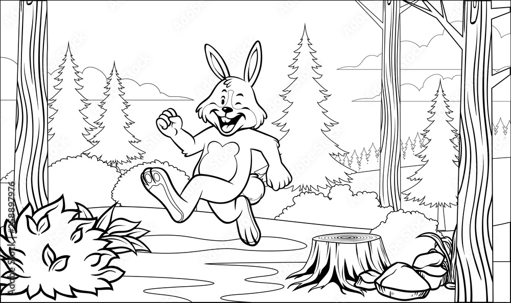 Black and white funny rabbit coloring page running in the forest vector