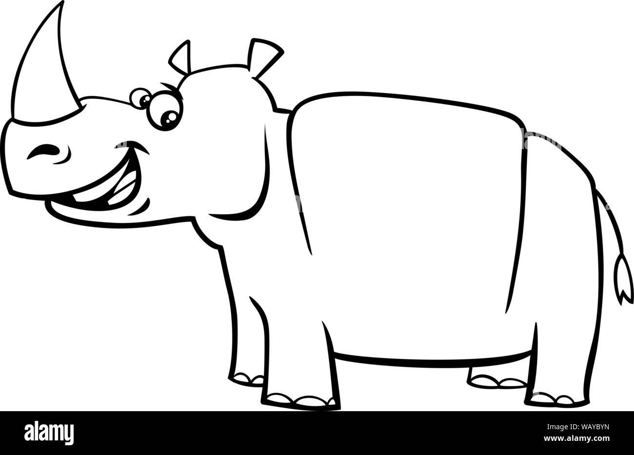 Black and white cartoon illustration of happy rhinoceros wild animal character coloring page stock vector image art