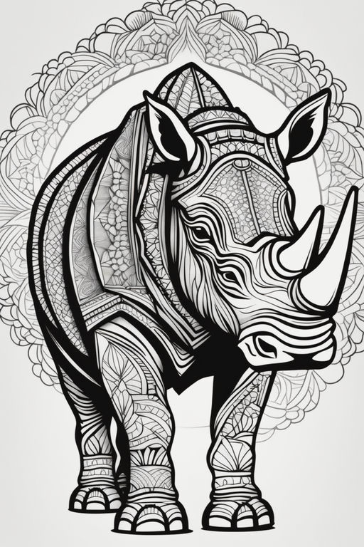 Generate a transparent black and white image of the rhinoceros for the coloring book