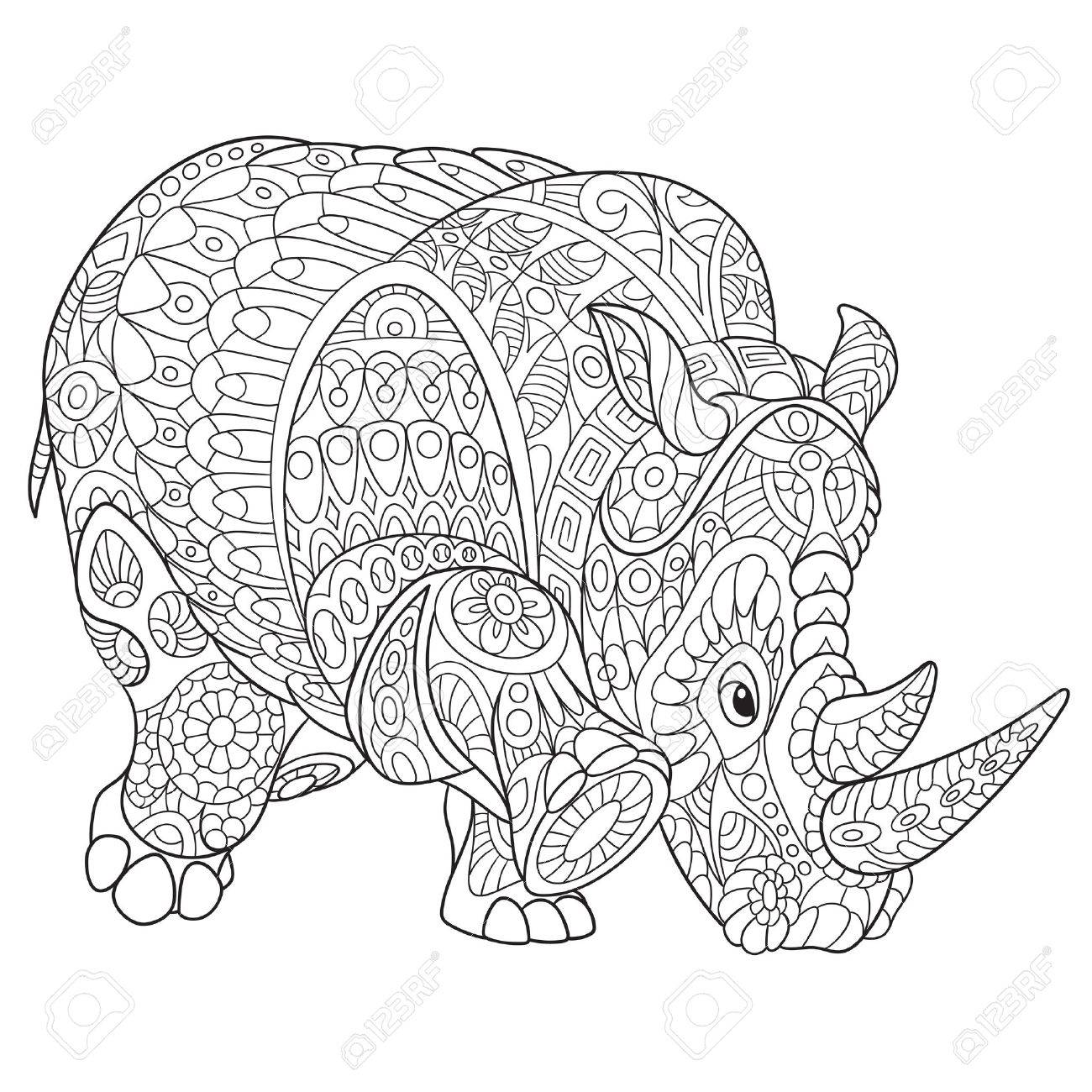 Cartoon rhino rhinoceros isolated on white background hand drawn sketch for adult antistress coloring page t