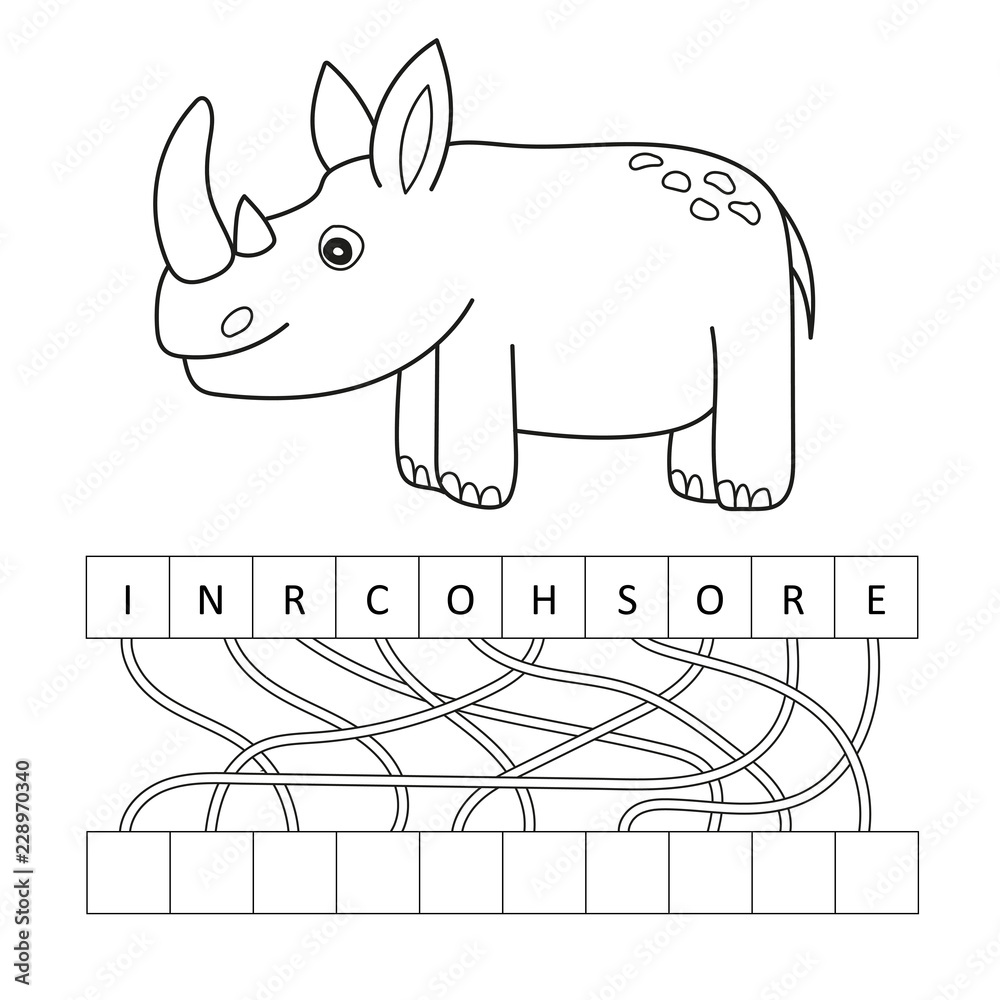 Coloring page outline of cartoon cute rhino vector illustration coloring book for kids crossword puzzle game