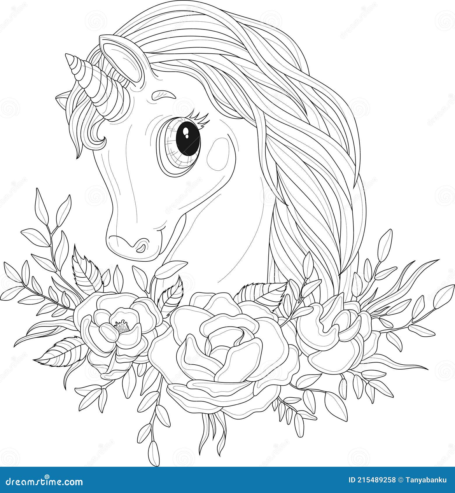 Cute little unicorn creature in rose flowers with leafs sketch template cartoon vector illustration in black and white stock vector