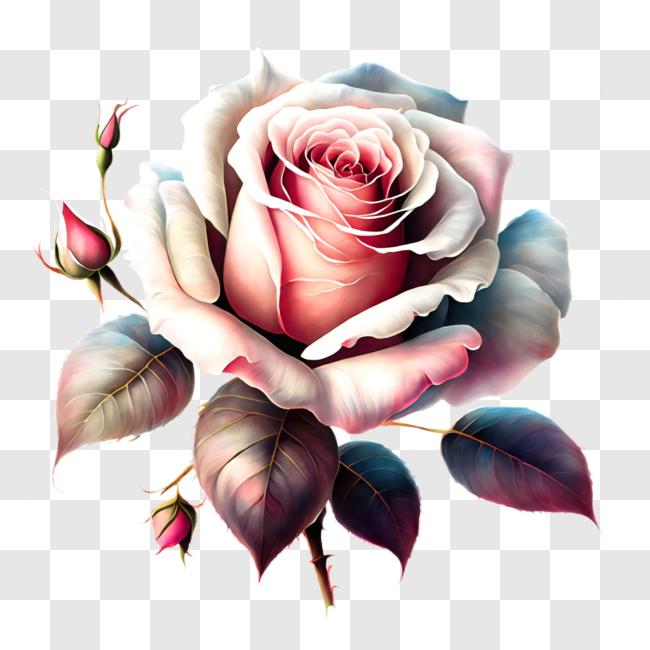 Download beautiful white rose with pink petals and green leaves png online