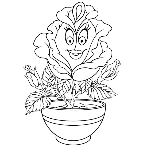 Premium vector cute rose flower in pot cartoon funny food emoji face kids coloring page