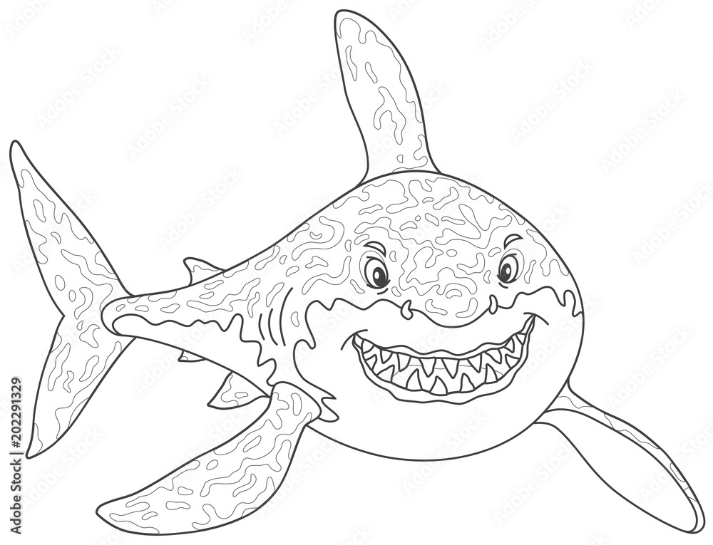 Friendly smiling great white shark attacking black and white vector illustrations in a cartoon style for a coloring book vector