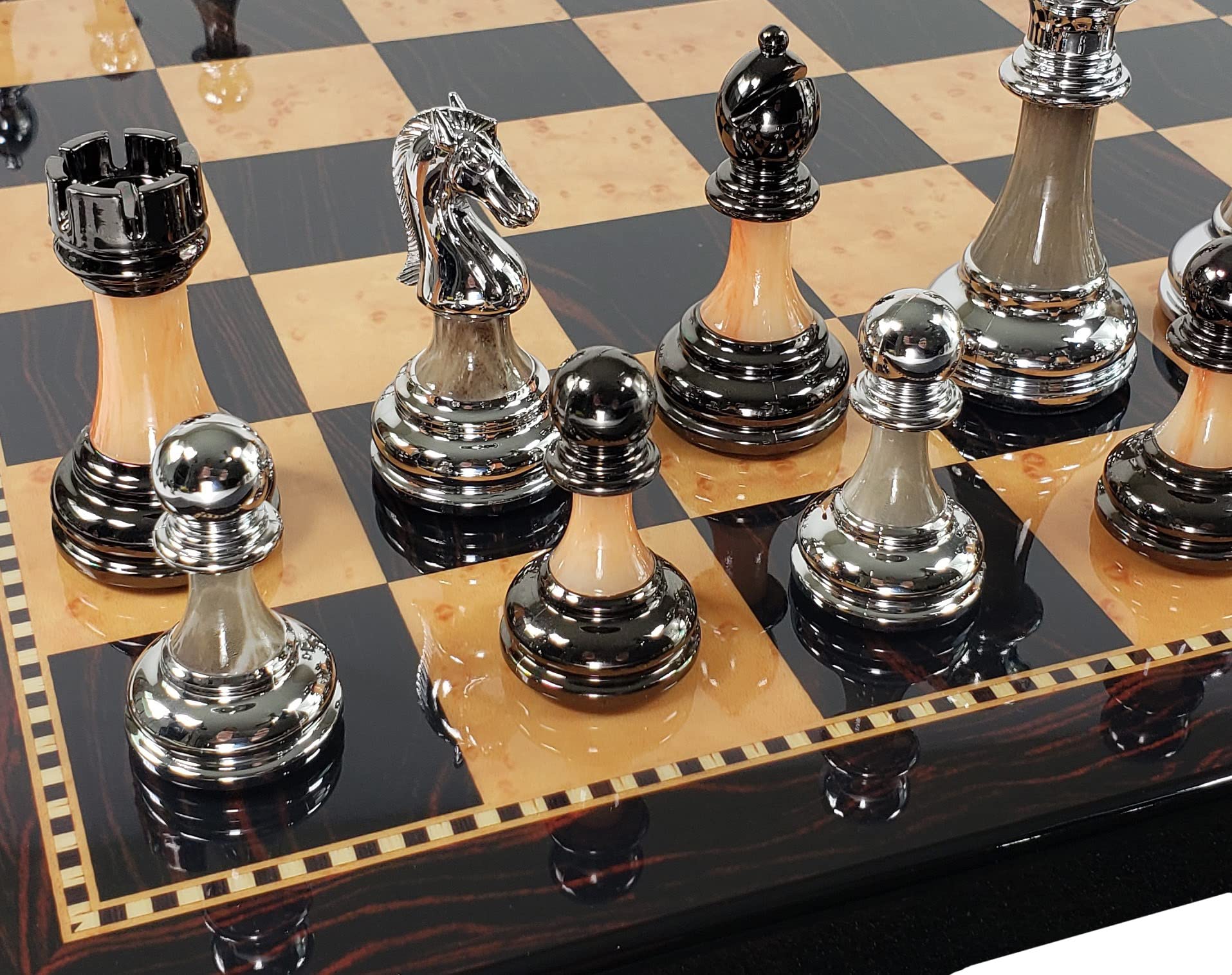 Staunton chrome black chrome chess men set w inch dark walnut color board toys games