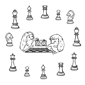Coloring page hedgehogs play chess around them are chess pieces vector