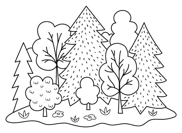 Premium vector vector black and white forest landscape environment friendly concept with trees flowers and bushes ecological or outdoor camping line illustration cute earth day coloring page with plants