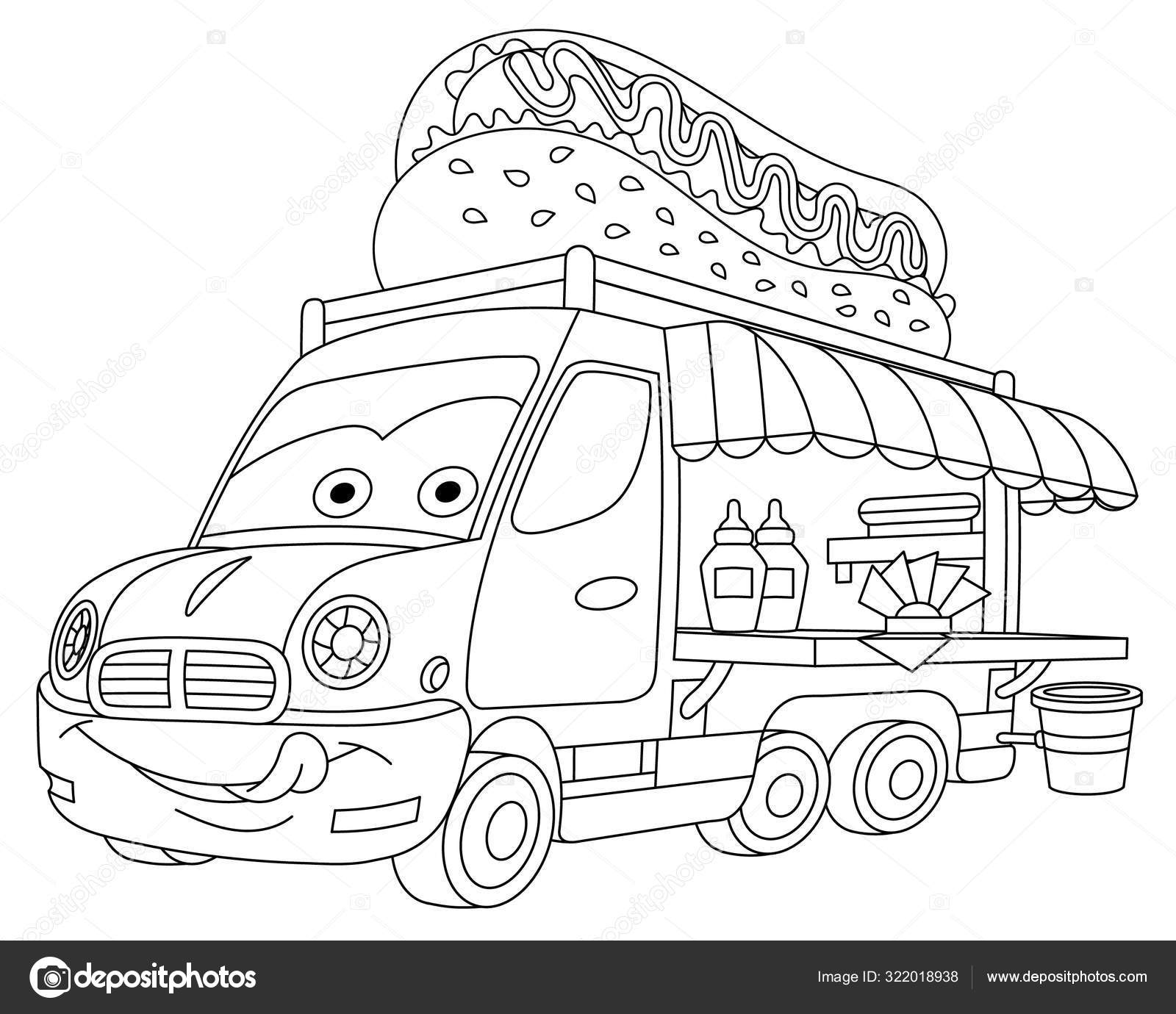 Coloring page with food truck vehicle stock vector by sybirko
