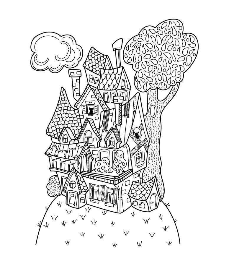 Black and white house vector coloring page medieval or countryside architecture hand