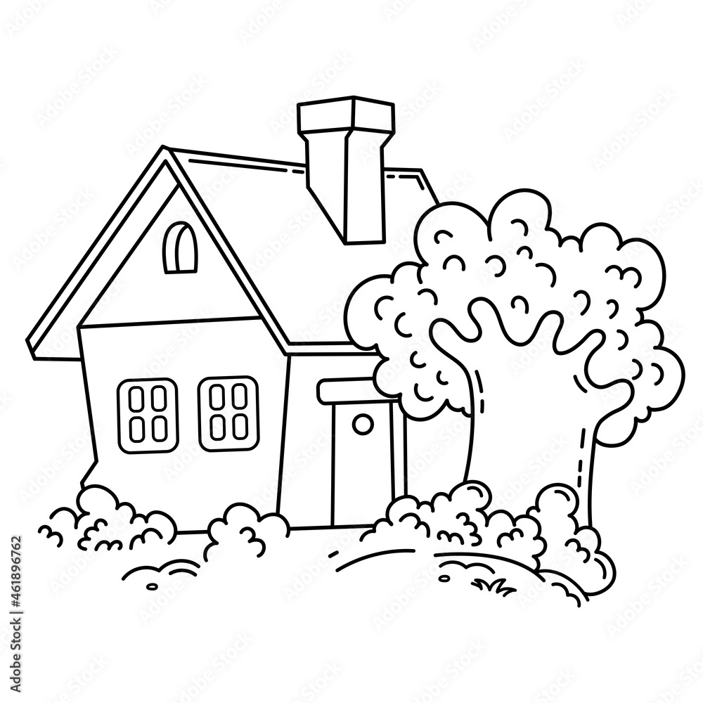 Coloring page outline of cartoon cute village home country house summer cottage coloring book for kids vector