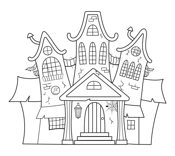 Vector haunted house black and white illustration halloween spooky cottage coloring page for kids scary samhain party invitation or card design stock illustration