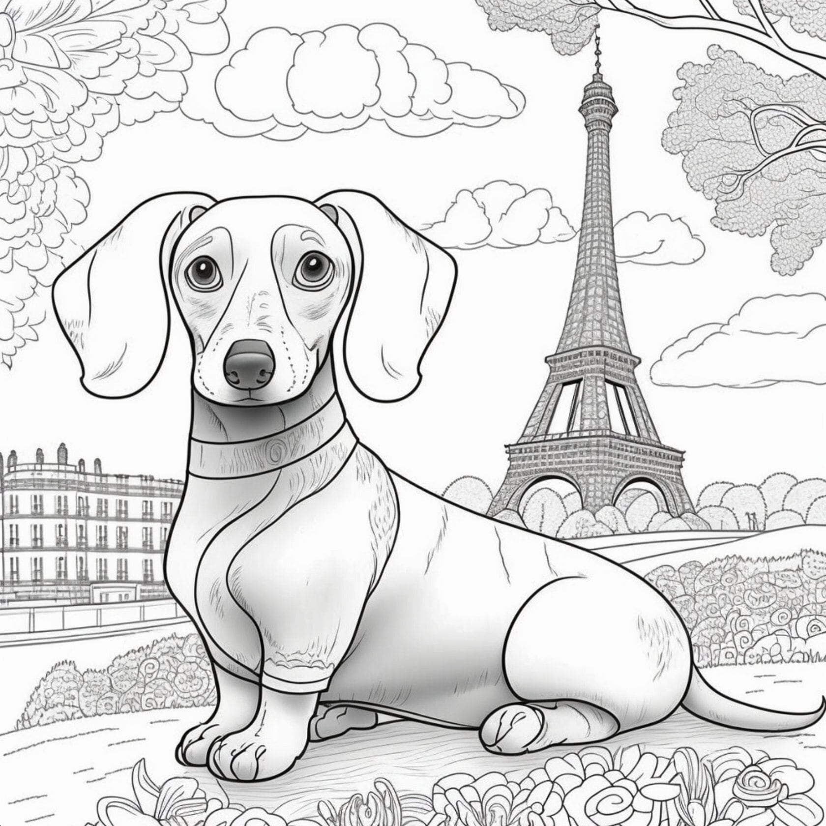 Printable dog coloring book pages dachshund in paris