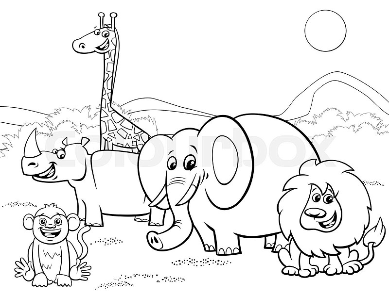 Cartoon safari animals group coloring page stock vector
