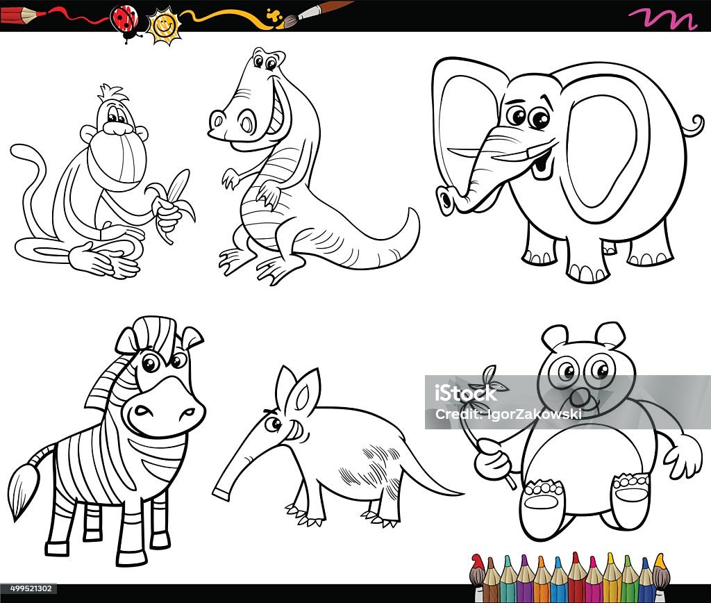 Wild animals set coloring page stock illustration