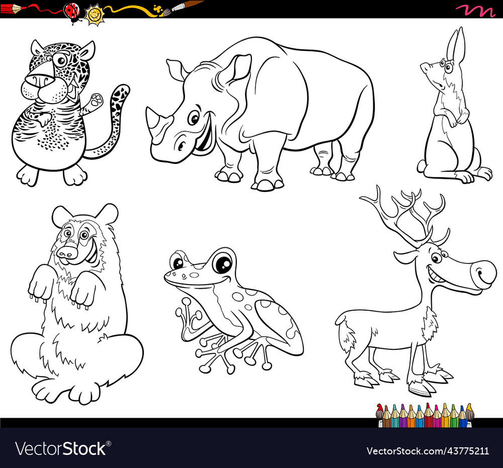Cartoon wild animals characters set coloring page vector image