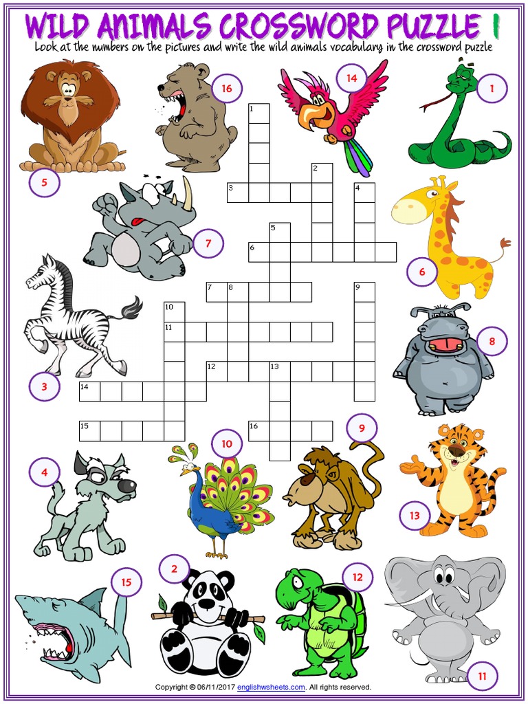 Animals vocabulary esl crossword puzzle worksheets for kids pdf pdf organisms nature