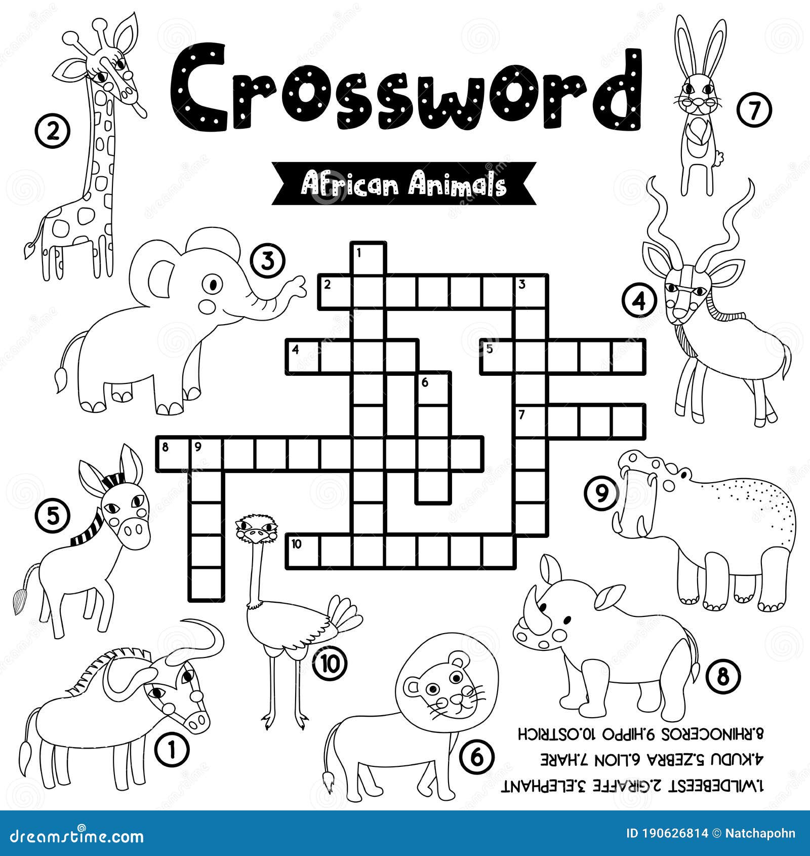 Crossword puzzle african animals coloring version stock vector