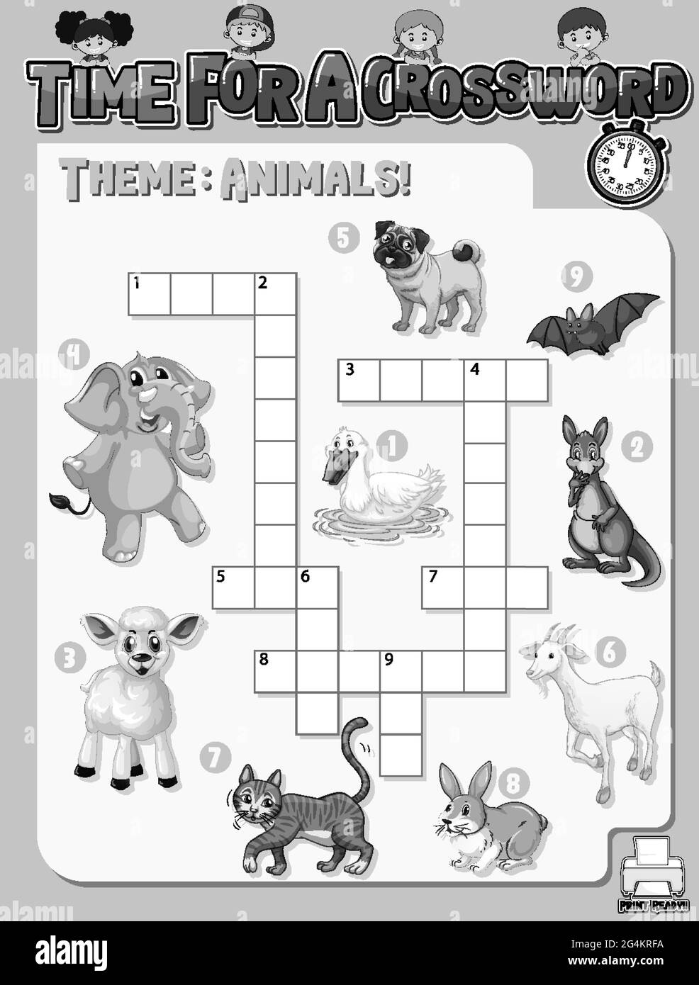 Crossword puzzle game template about animals illustration stock vector image art