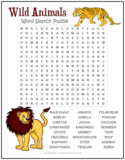 Wild animals word search puzzle print it free