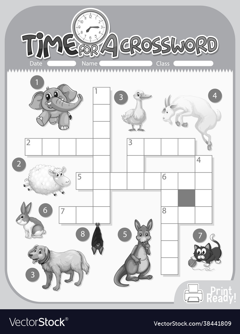 Crossword puzzle game template about animals vector image