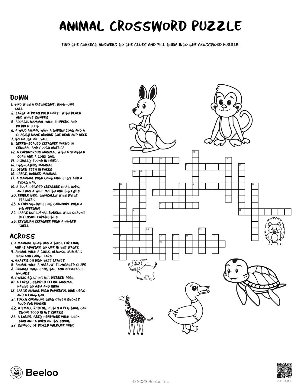 Animal crossword puzzle â printable crafts and activities for kids