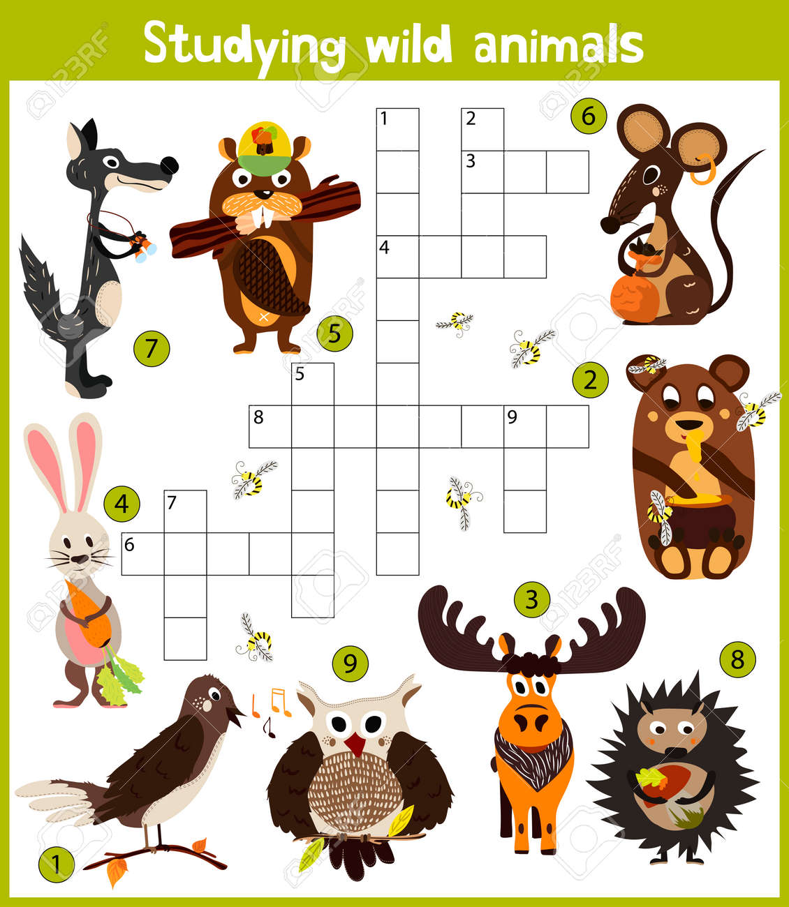 A colorful childrens cartoon crossword education game for children on the theme of exploring different species of wild animals of woods find a bear wolf hares and hedgehogs vector illustration royalty
