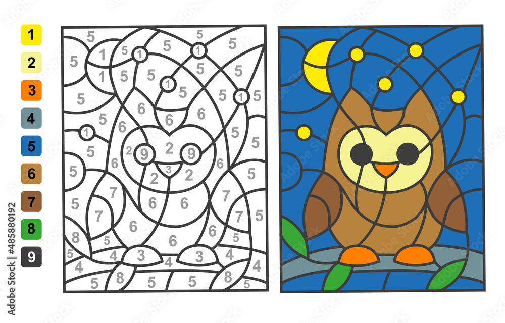 Simple level vector coloring wild animal bird owl color by numbers puzzle game for children education vector